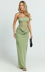 Rania Maxi Dress - Contrast Lace Bodice Bias Cowl Drop Waist Dress in Sage