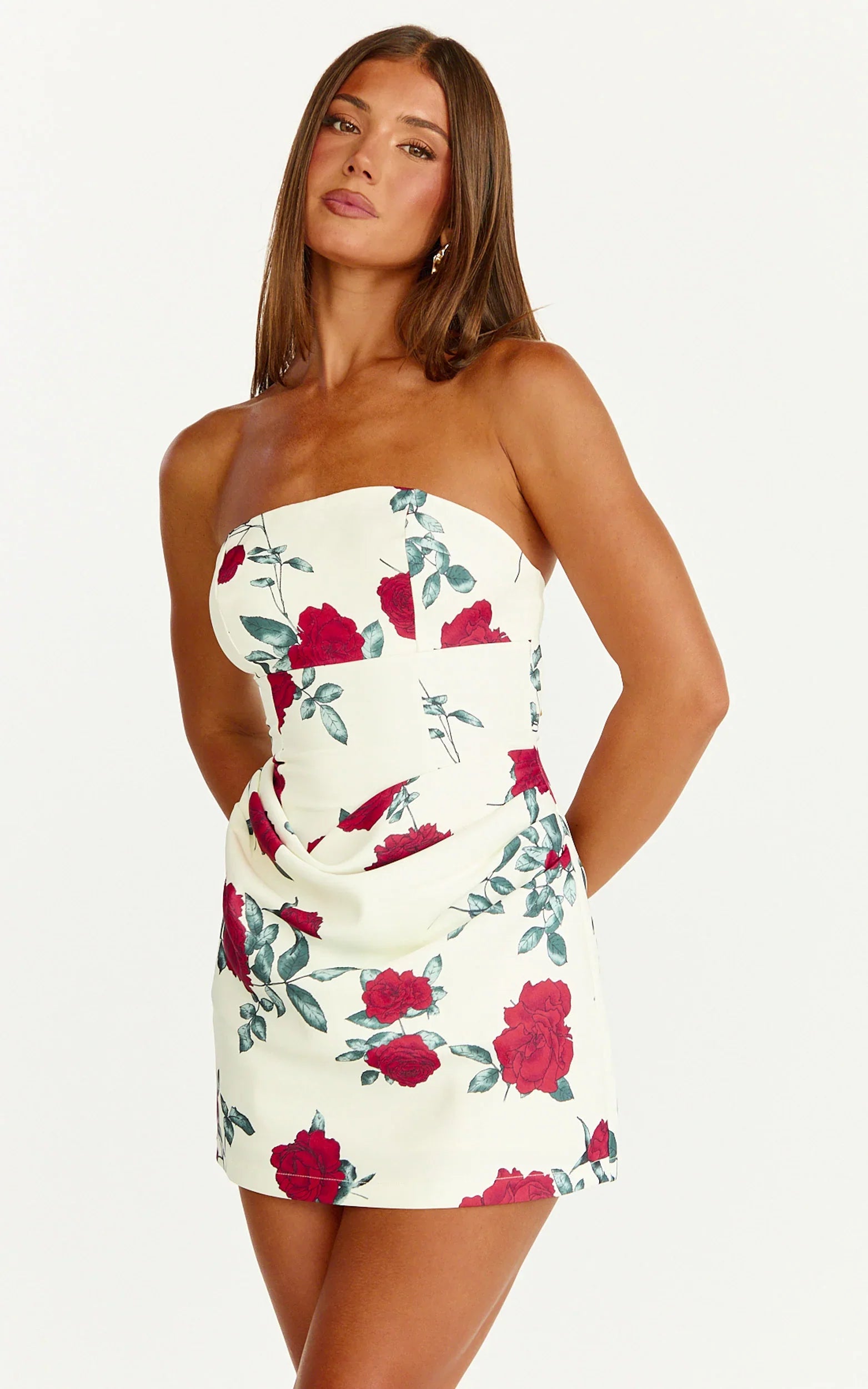 Dahlia Mini Dress - Strapless Draped Cowl Waist Bodycon Dress in Scarlet Rose Print