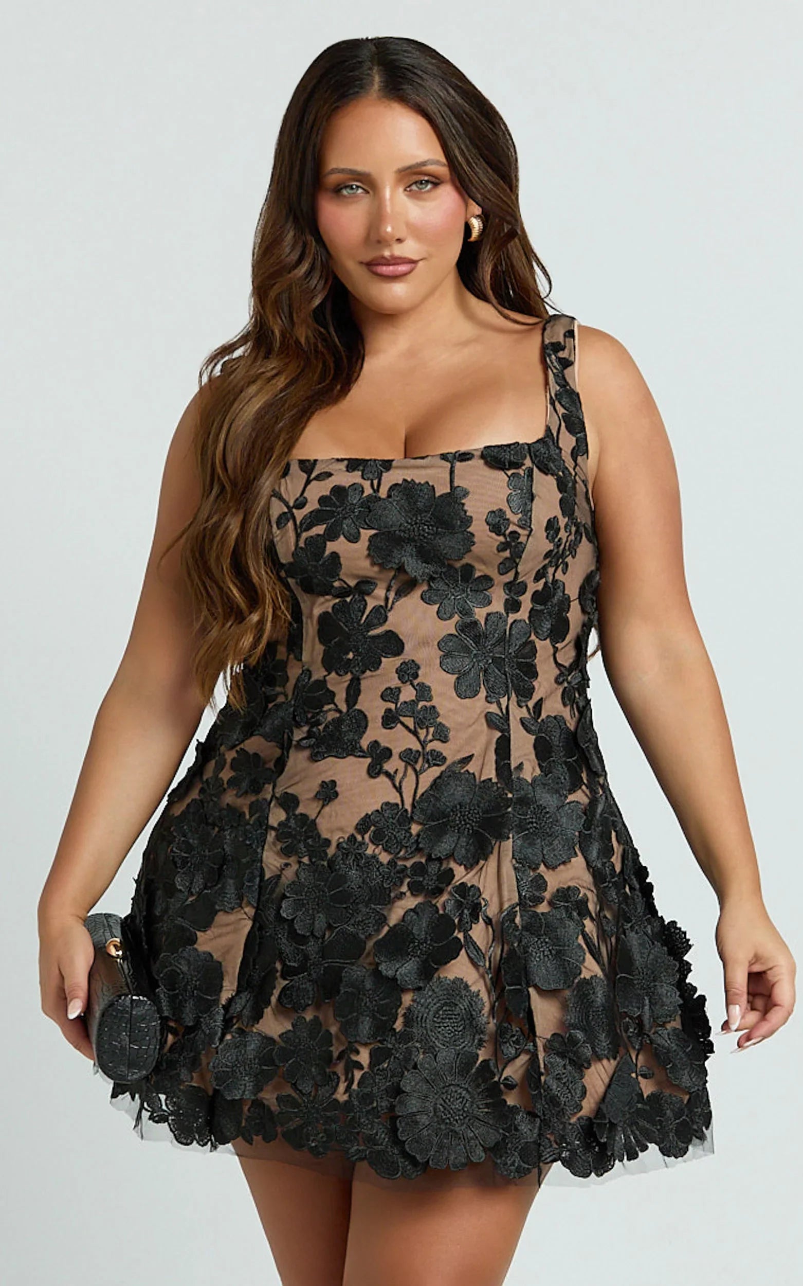 Sienna Mini Dress - 3D Floral Fit And Flare Dress in Black