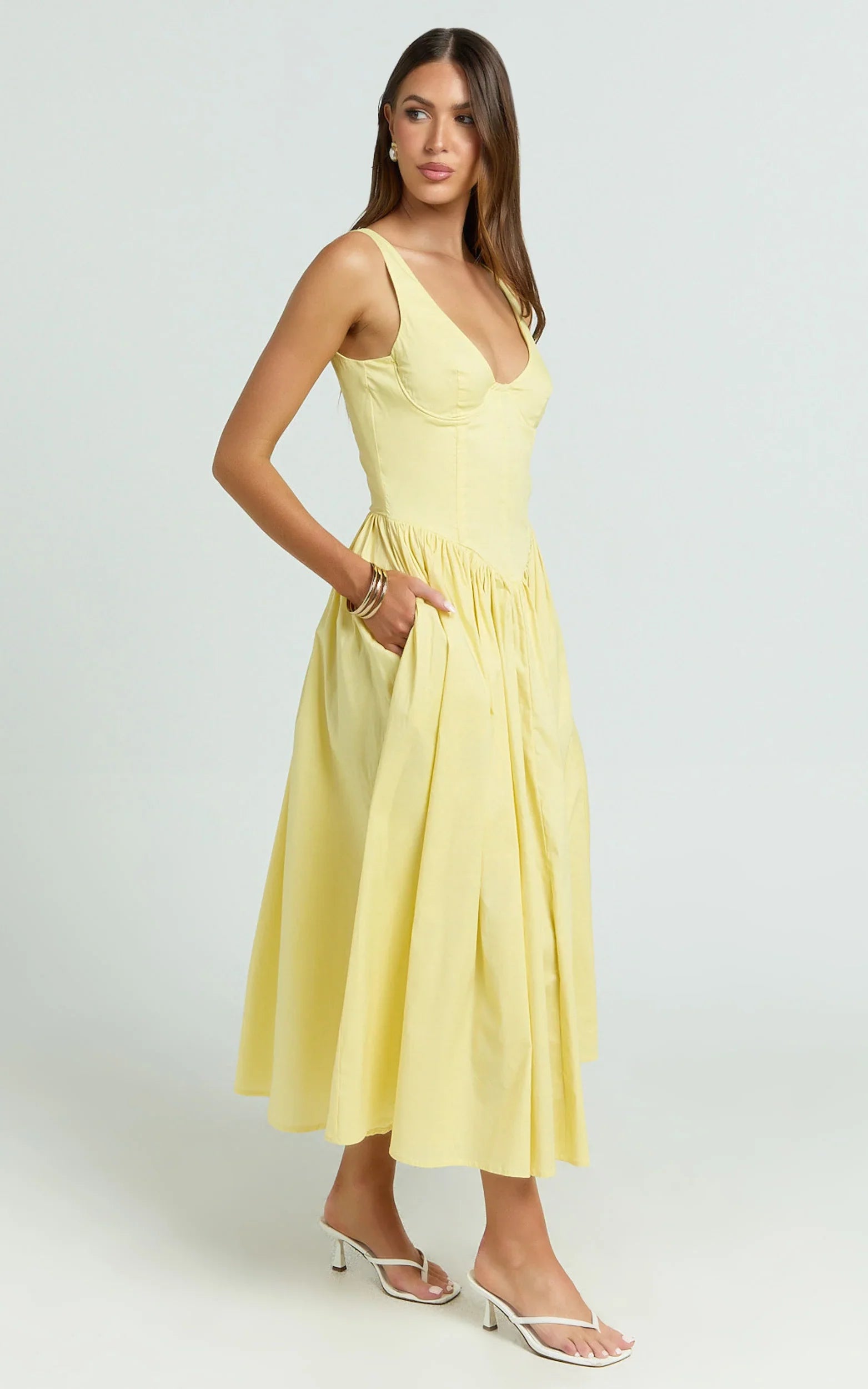 Beckett Midi Dress - Scoop Neck Drop V Waist Gathered Skirt Dress in Butter Yellow