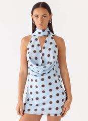 Get Me Halter Mini Dress - Blue Mocha Dot